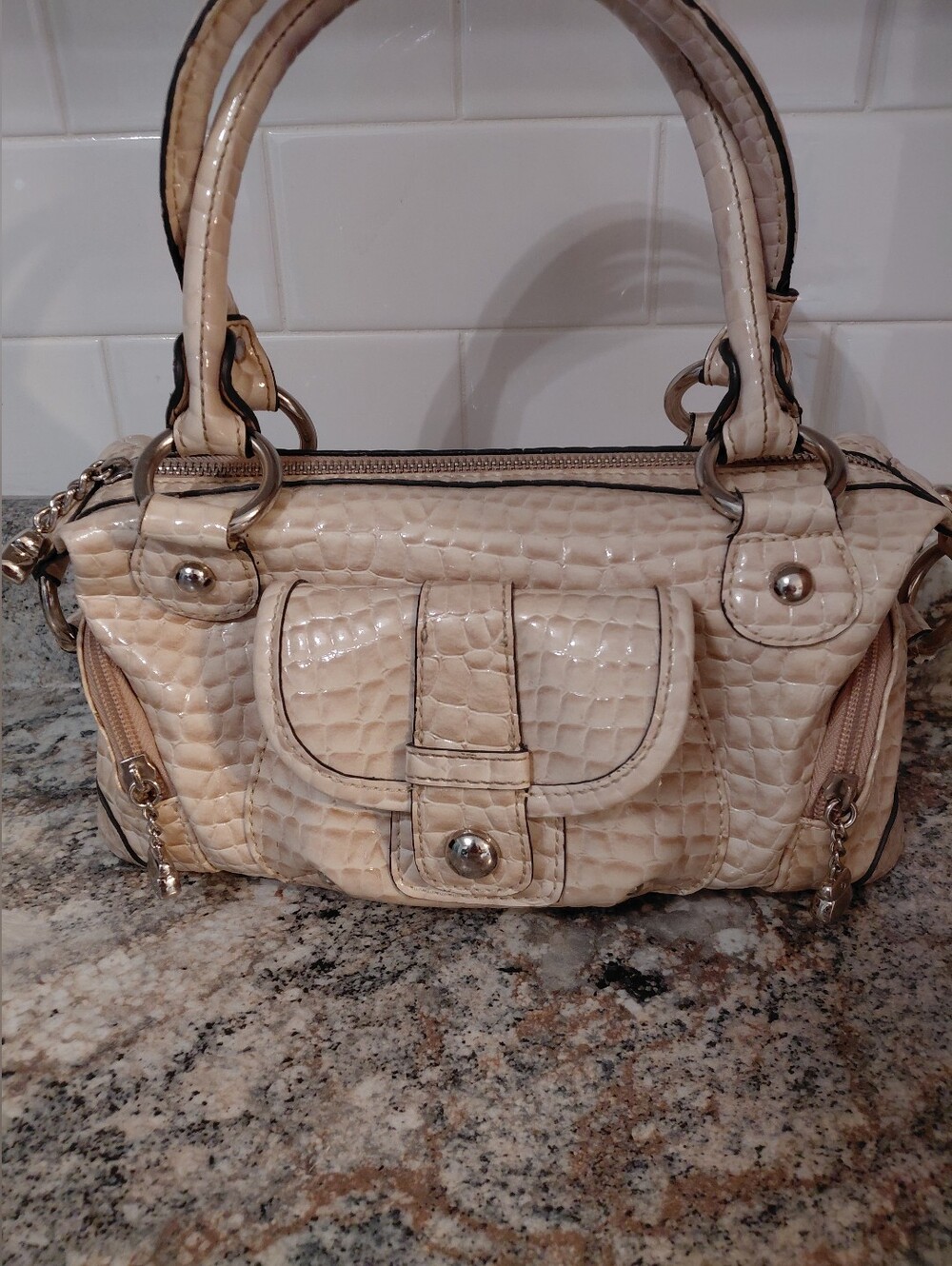 Kathy Van Zeeland Cream Croc-Embossed Satchel Handbag
